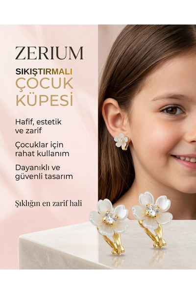 ZERİUM Non-Perforated Compressed Girls' Earrings with White Flower and Stone,...