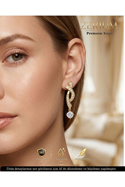 ZERİUM Women's Earrings Gold Color 316L Steel Zircon Stone Solitaire Look Pie...