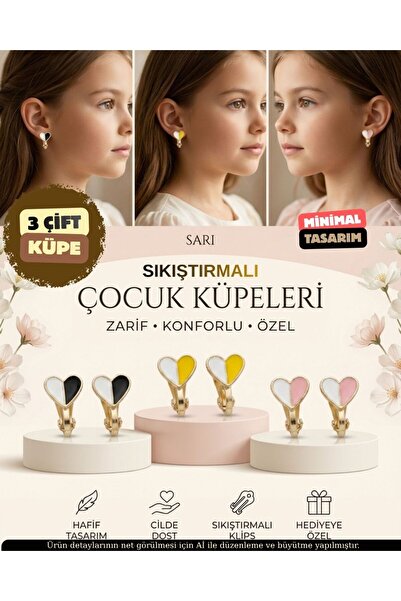 ZERİUM Non-Perforated Compressed Girls' Earring Set with 3 Heart Models and C...