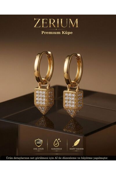 ZERİUM Women's Steel Earrings Geometric Prism Stone Ring Model Gold Color