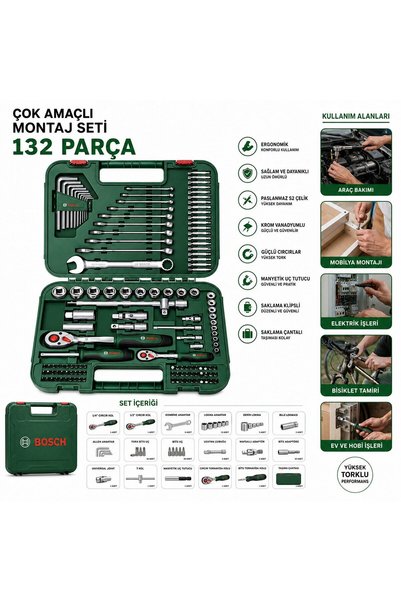 TuğraÇelik Bosch 1600A02Z9B Alet Seti 132 Parça 1/2" ve 1/4" - Cırcır Kollu Komple Takım