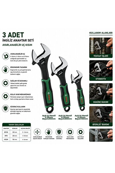 TuğraÇelik Bosch 1600A039HR Kurbağacık İngiliz Anahtar Seti 3 Parça 6"-8"-10"...