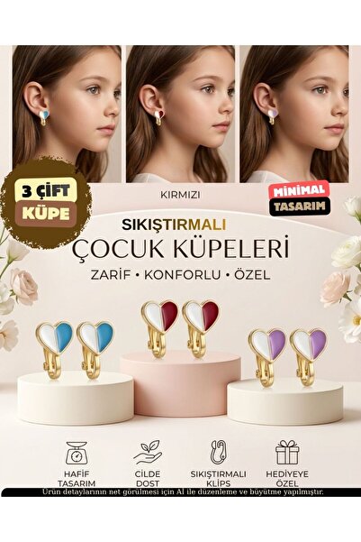 ZERİUM Non-Perforated Compressed Girls' Earring Set with 3 Heart Models and C...