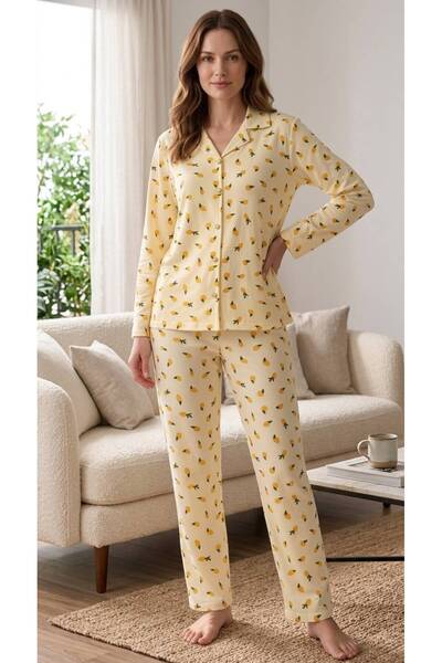 ELZORA WEAR Kadın Pamuklu Desenli Düğmeli Yaka Pijama Takımı