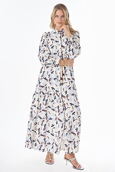 Kayra Patterned Cotton Linen Maxi Dress Cream