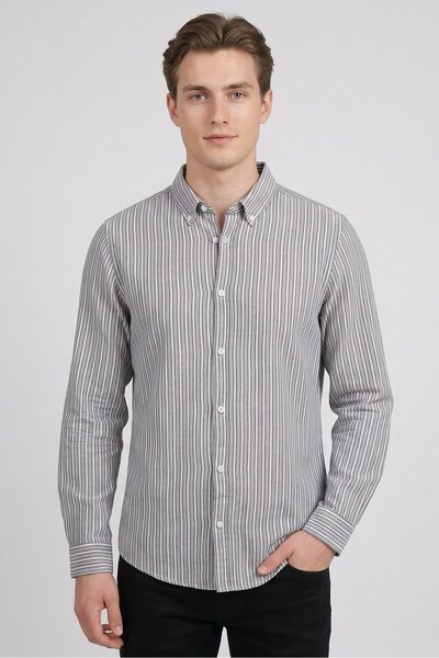 Threadbare Men Regular Fit Long Sleeve Stripe Casual Shirt, Navy