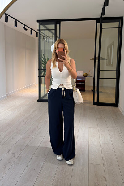Sezgi Tekin Navy Blue Trousers with Belt Detail and Stripes