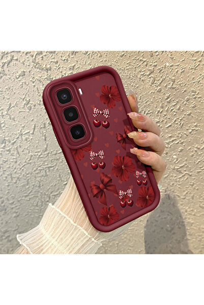 SLIMFELT Infinix Hot 60 Pro Plus Uyumlu Kiraz fiyonk ve kırmızı çiçek desenli...