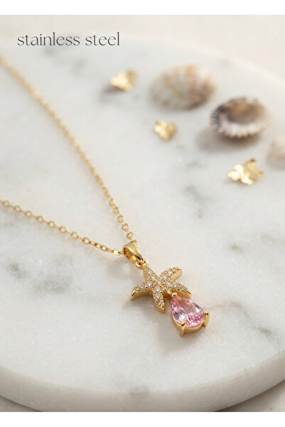 stainless steell 316L Steel Chain Gold Color Star Model Pink Drop Stone Detai...