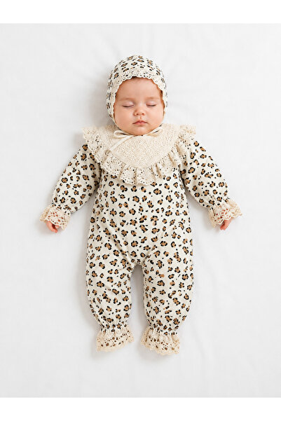 COOLMINIES Kız Bebek Leopar Desenli Dantelli Şaojalı Tulum Takımı Yenidoğan B...