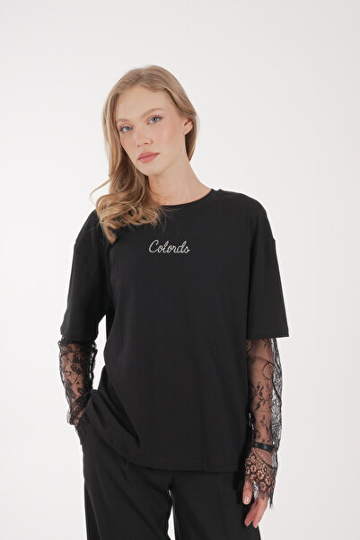COLORDS Women's Stone Print Lace Detail Blouse