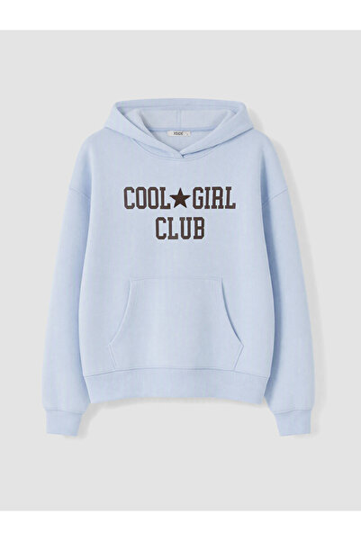 LC Waikiki Blue Printed Women's Thick Hoodie with Kangaroo Pocket