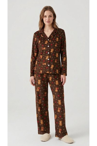 Feyece Women's Cotton Teddy Bear Detailed Front Buttoned Brown Pajama Set