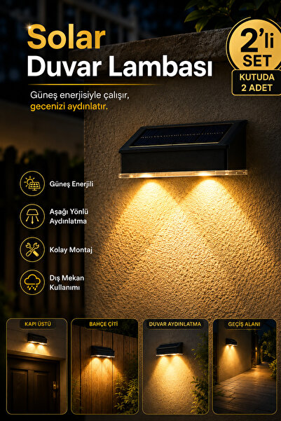 ALFAGİFT 2'li Solar Duvar Lambası Güneş Enerjili LED Gün Işığı Bahçe Çit Kapı...