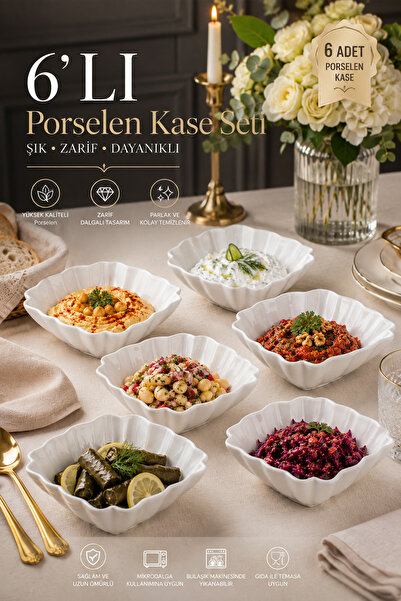 Porsima 6'lı Beyaz Porselen Kase Seti – Çerez, Meze, Salata ve Kahvaltılık Se...