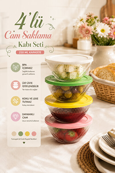 Porsima 4lü Renkli Kapak Cam Kahvaltılık Saklama Kabı-Kase Seti 250 ml