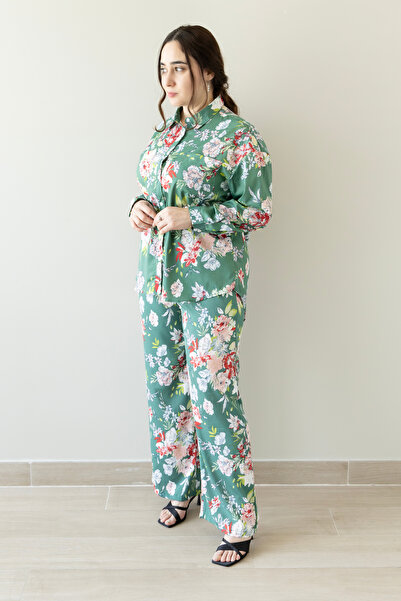 LINELLE Green Botanical Floral Wide-Leg Co-Ord Set
