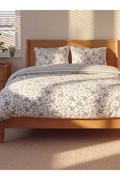 LC Waikiki Striped and Flower Patterned Double Duvet Cover Set