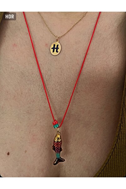 Hoop jewelery çelik kırmızı ipli turkuaz taşlı balık kolye