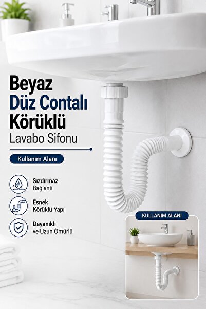 NZB Lavabo Evye Sifonu Uzun Körüklü Uzayabilir 30-70 Cm Kıvrılır Beyaz Düz Co...
