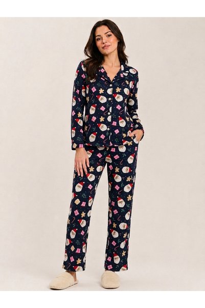 Feyece Women's Cotton Santa Claus Detailed Front Buttoned Navy Blue Pajama Set