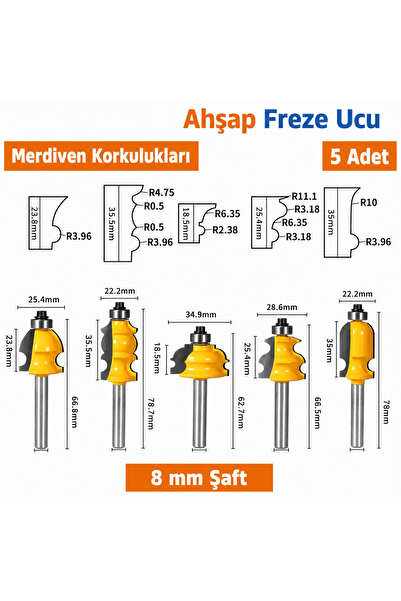 5 Parça Rulmanlı Ahşap Profil Freze Ucu Seti 8 mm Sap