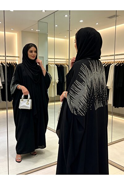 Noon Noora عباية سوداء أنيقة مفتوحة من الأمام - رداء كارديجان إسلامي مرصع بأح...