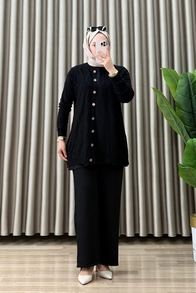 mercan moda Alina Hirka 1. Class Knitwear Fabric Women's Black Buttoned Cardigan