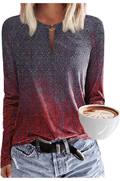 OtherMax Damska Koszulka z Długim Rękawem V-Neck Casual Gradient Miękki Czerw...