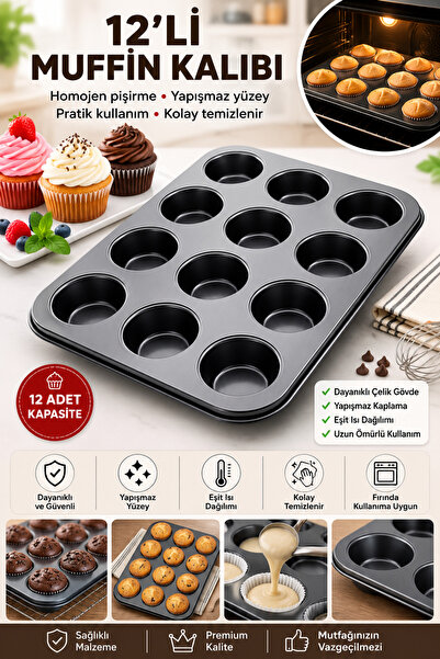 Doori 12'li Muffin Kalıbı Yapışmaz Kek ve Cupcake Kalıbı Fırın Tepsisi ev yap...