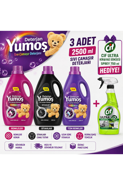 Yumoş 2500ml Sıvı Çamaşır Deterjanı Renkliler + Siyahlar + Tum Renkler = Cif ...
