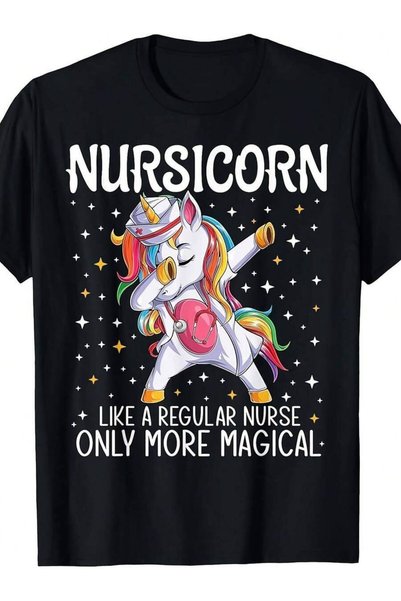25W تي شيرت مضحك بطبعة ممرضة ترقص على شكل وحيد القرن "Nursicorn" - هدية لموظفي التمريض، تي شيرت ناعم وقابل للتنفس للرجال والنساء، مقاسات من S إلى XXXL، أسود، قميص مريح بأكمام قصيرة.
