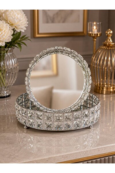Hinora Set of 2 Round Decorative Trays with Crystal Stones and Mirrors – Styl...