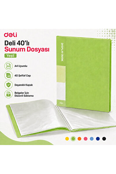Deli A4 40'lı Sunum Dosyası 40 Şeffaf Cepli Display Book Evrak Belge ve Proje...