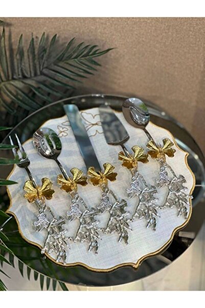 Hinora 5 Piece Butterfly Motif Serving Set – Cake and Pastry Serving Set Gold...
