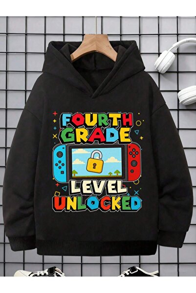 SVART WEAR Детски суичър с качулка с принт  "Level Unlocked ", от пениран пам...