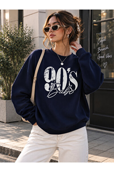 ZAVIXO Unisex 90's Babe Text Printed Oversize Crew Neck Retro Loose Sweatshirt