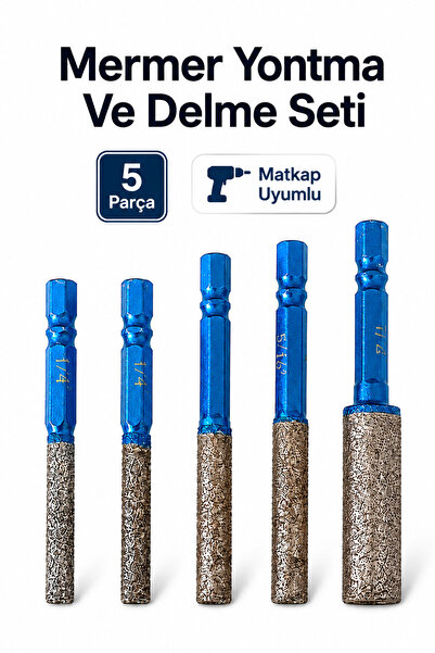 Badem10 Mermer Delme ve Yontma Seti 5 Parça Beton Fayans Granit Seramik Delic...
