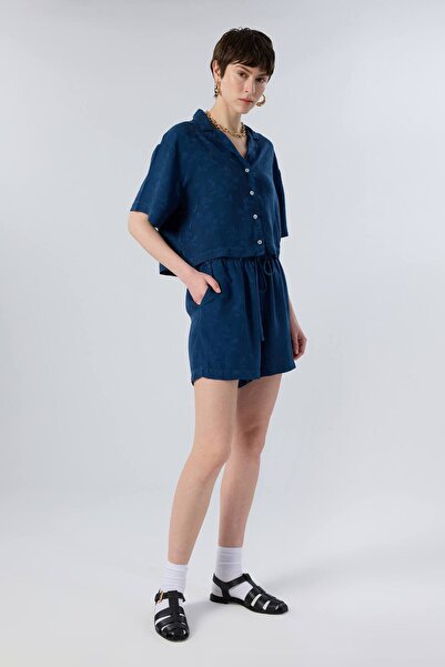 İpekçi Otantik Botanica Shade Textured Tencel Shorts Navy