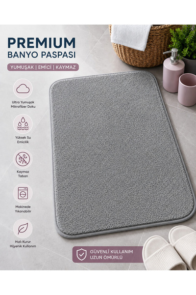 Single Premium Gri Banyo Paspası Yumuşak Mikrofiber Dokulu