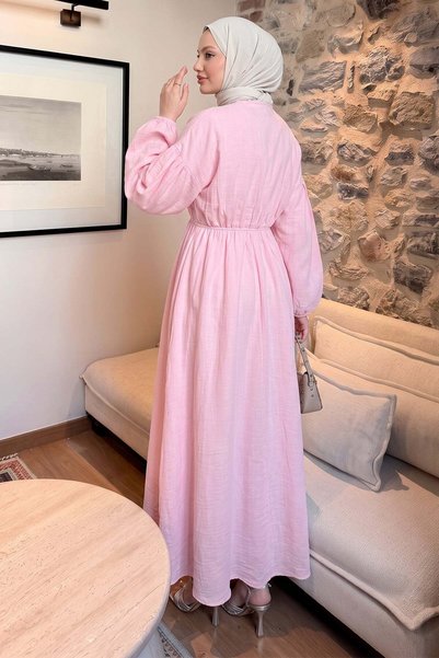 zenne V Yaka Keten Elbise 3071 - PEMBE