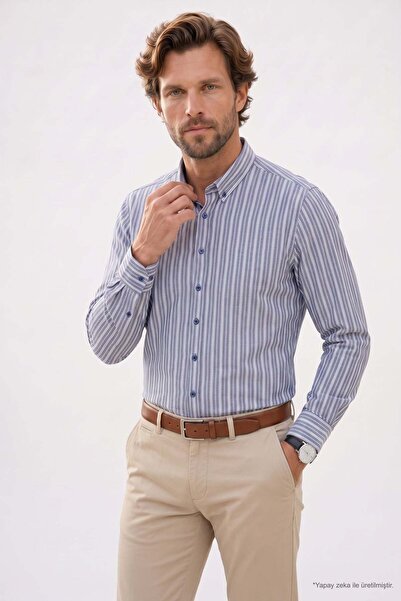 Tudors Men's Regular Fit Comfortable Cut Button-Down Collar Long Sleeve Strip...