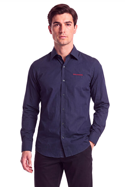 PAUL&SHARK Men's Regular Fit Logo Embroidered Cotton Long Sleeve Navy Blue Shirt