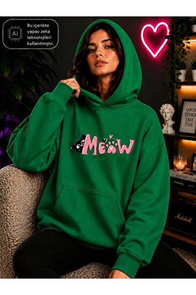 EMMODA Women's Cat Figured Meow Typography Printed Hooded Kangaroo Pocket Cot...