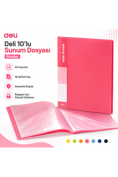 Deli A4 10'lu Sunum Dosyası 10 Şeffaf Cepli Display Book Evrak ve Belge Dosyası