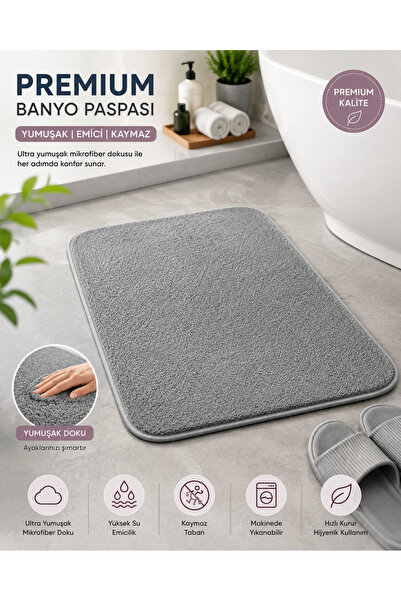Single Premium Gri Banyo Paspası Yumuşak Mikrofiber Dokulu