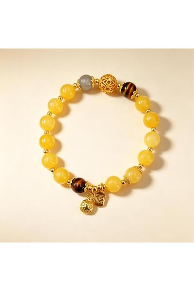 Generic Brand Yellow Gem‑Tone Beaded Bracelet, Oriental Folk‑Art Fortune‑Char...