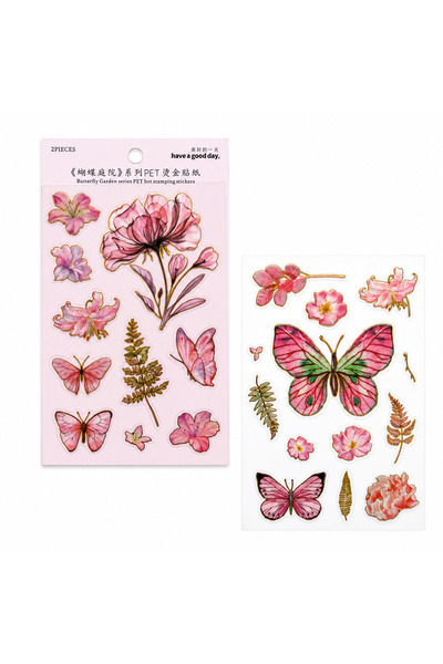 2 Parça PET Kelebek ve Çiçek Sticker Seti Altın Yaldızlı Dekoratif Scrapbook Defter Süsü 96 Karakter
