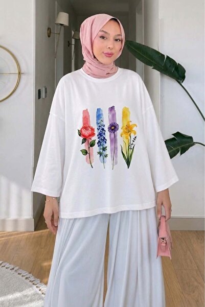 Tesettür Diyarı Floral Printed Hijab Tunic - White