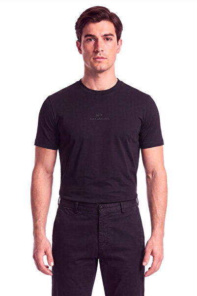 PAUL&SHARK Men's Comfortable Fit Logo Embossed Cotton Short Sleeve Black T-Shirt